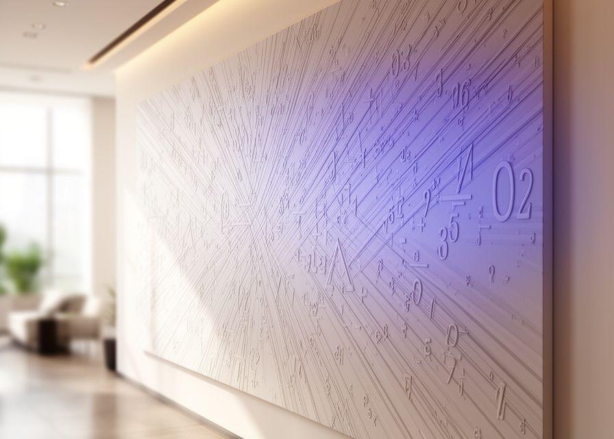 Mathematisches Wandpaneel in einer modernen Bürolobby mit linearem Relief und hellem Naturlicht