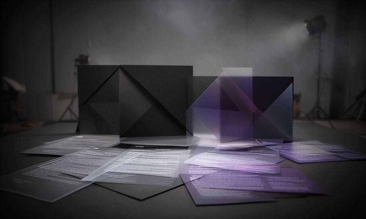 Still life of geometric wall panels and translucent documents on a Zürich studio table with soft directional light