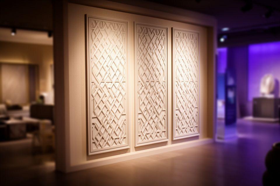 Eleganter Showroom mit dekorativen Wandpaneelen, warmem Licht und ruhiger Zürcher Atelieratmosphäre