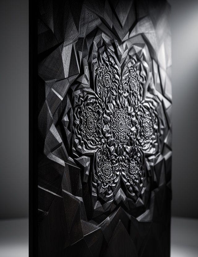 Tiefes geometrisches Wandpaneel mit Mandelbrot-inspirierter Reliefstruktur in dunkler Materialoptik