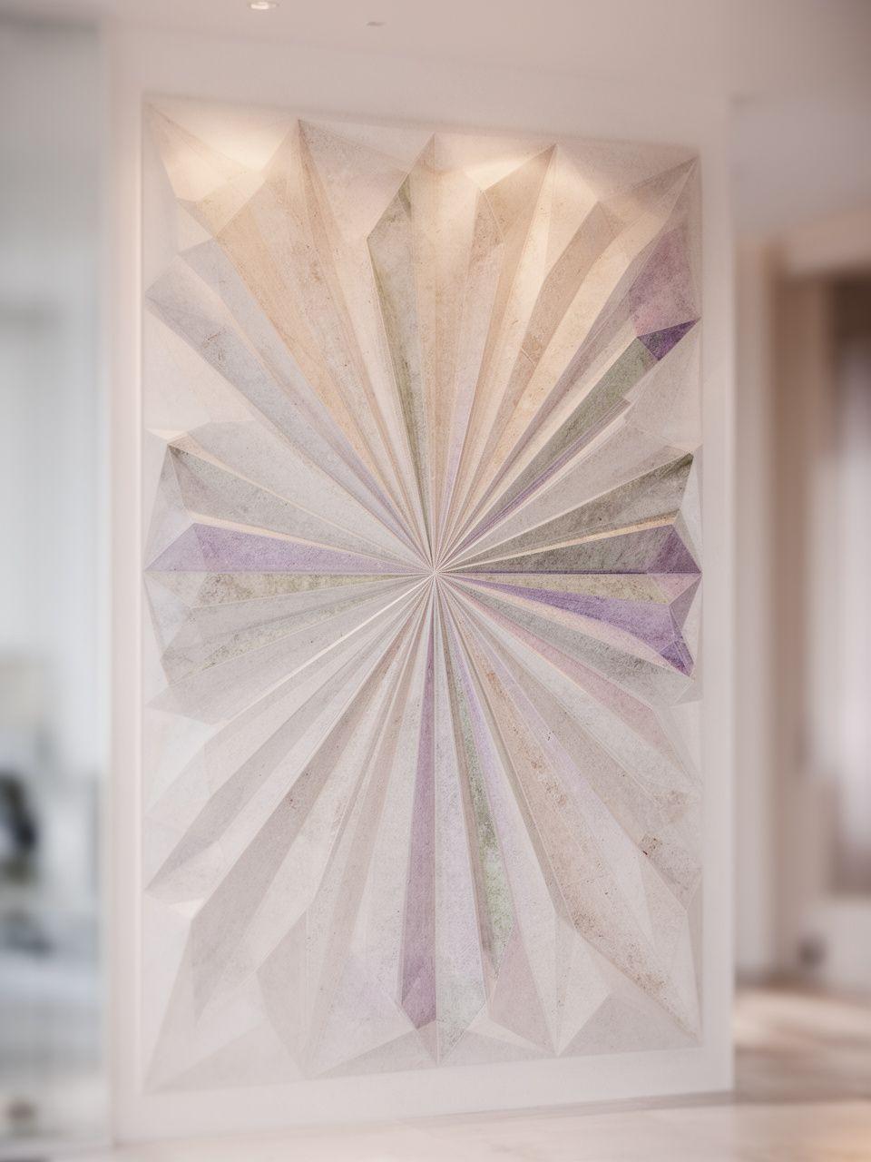 Ruhig beleuchtetes Wandpaneel mit radialem geometrischem Muster in einem modernen Zürcher Interior