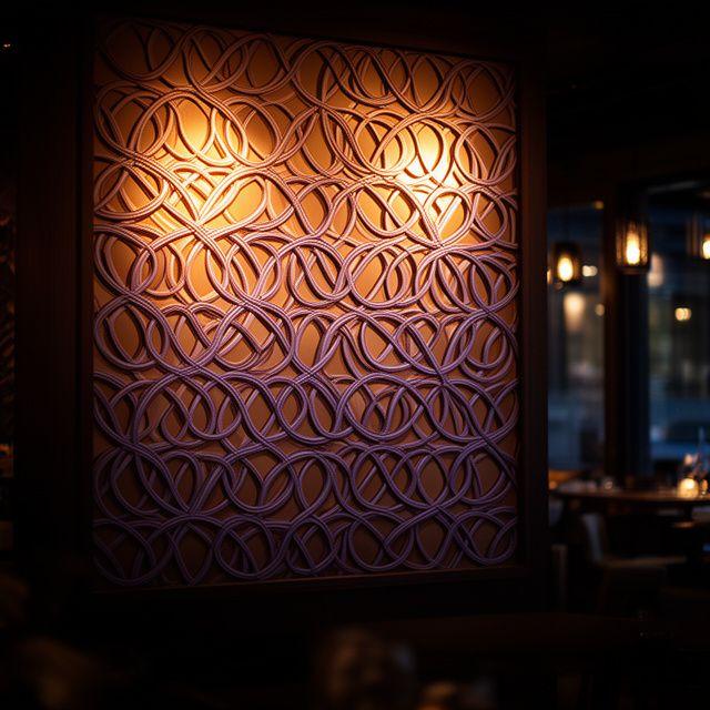 Dekoratives Wandpaneel in einem Restaurant mit geometrischem Muster und stimmungsvoller Abendbeleuchtung